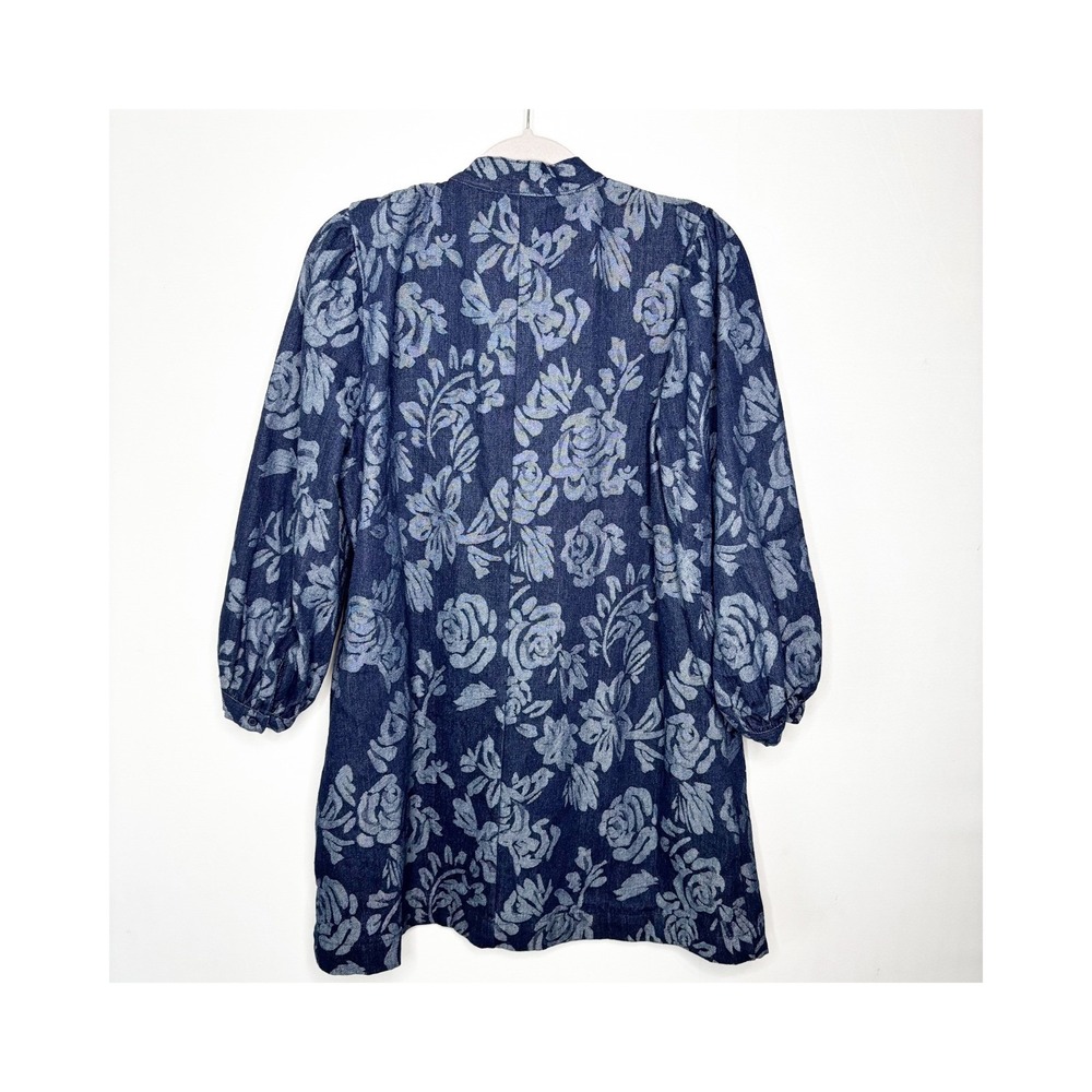Flying Tomato Denim Mini Dress Size M Floral Print Balloon Sleeve Tie Neck - Picture 7 of 11